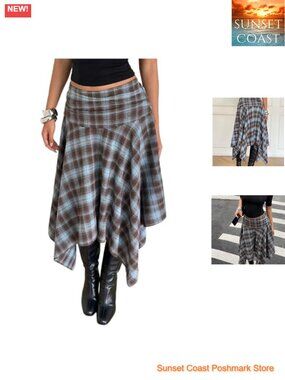 Y2K Plaid Midi Skirt Asymmetrical Ruffle Hem Low Rise Flowy Soft